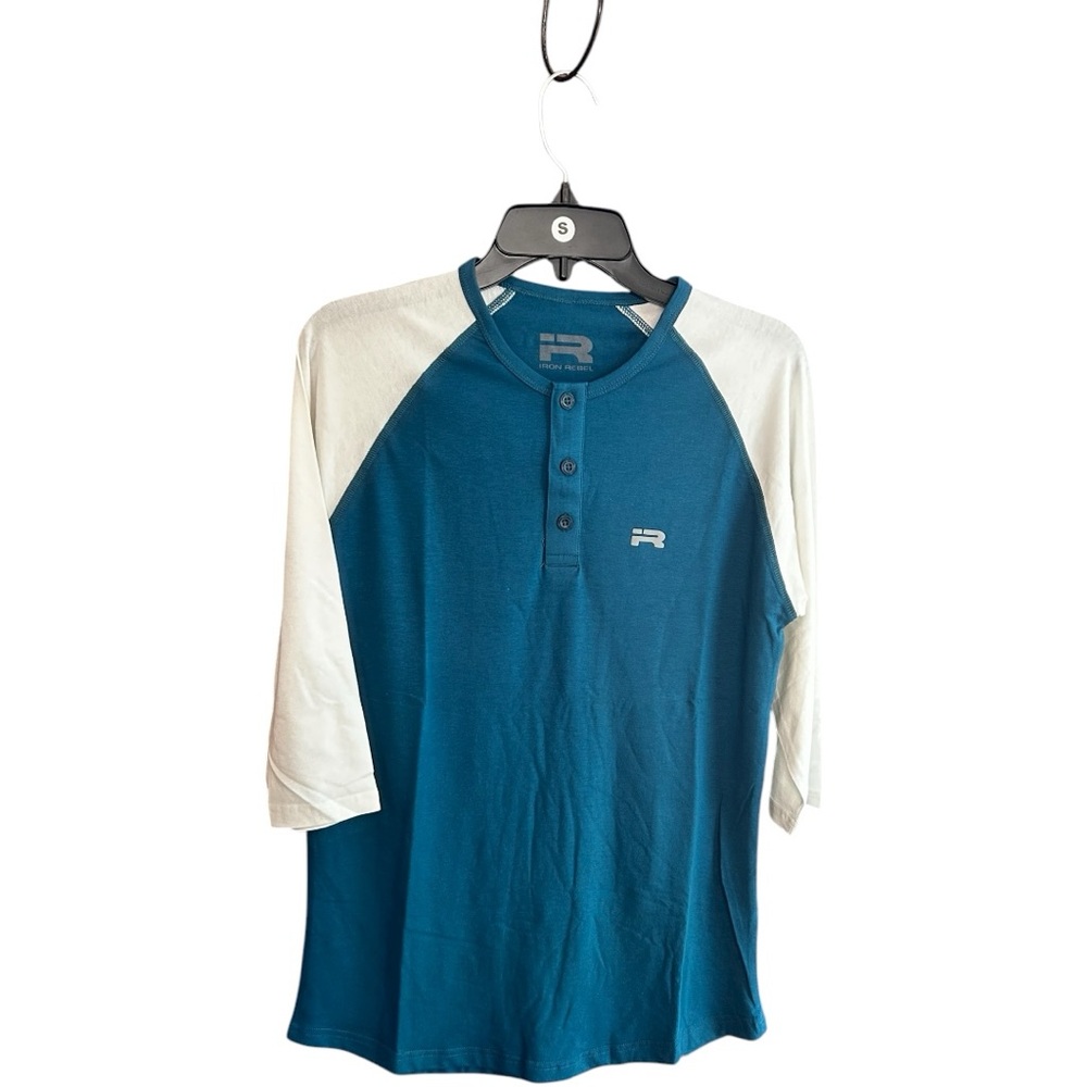 NWOT Iron Rebel teal/white raglan style top Sz S